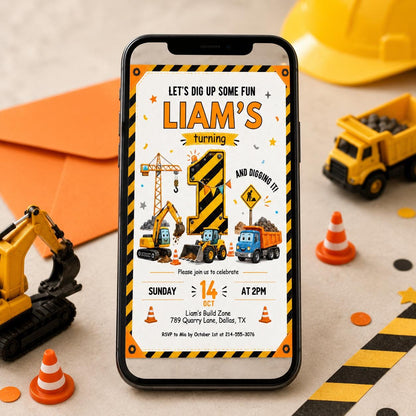 Construction First Birthday Invitation with Hazard-Stripe Number — digital invitation, instant download