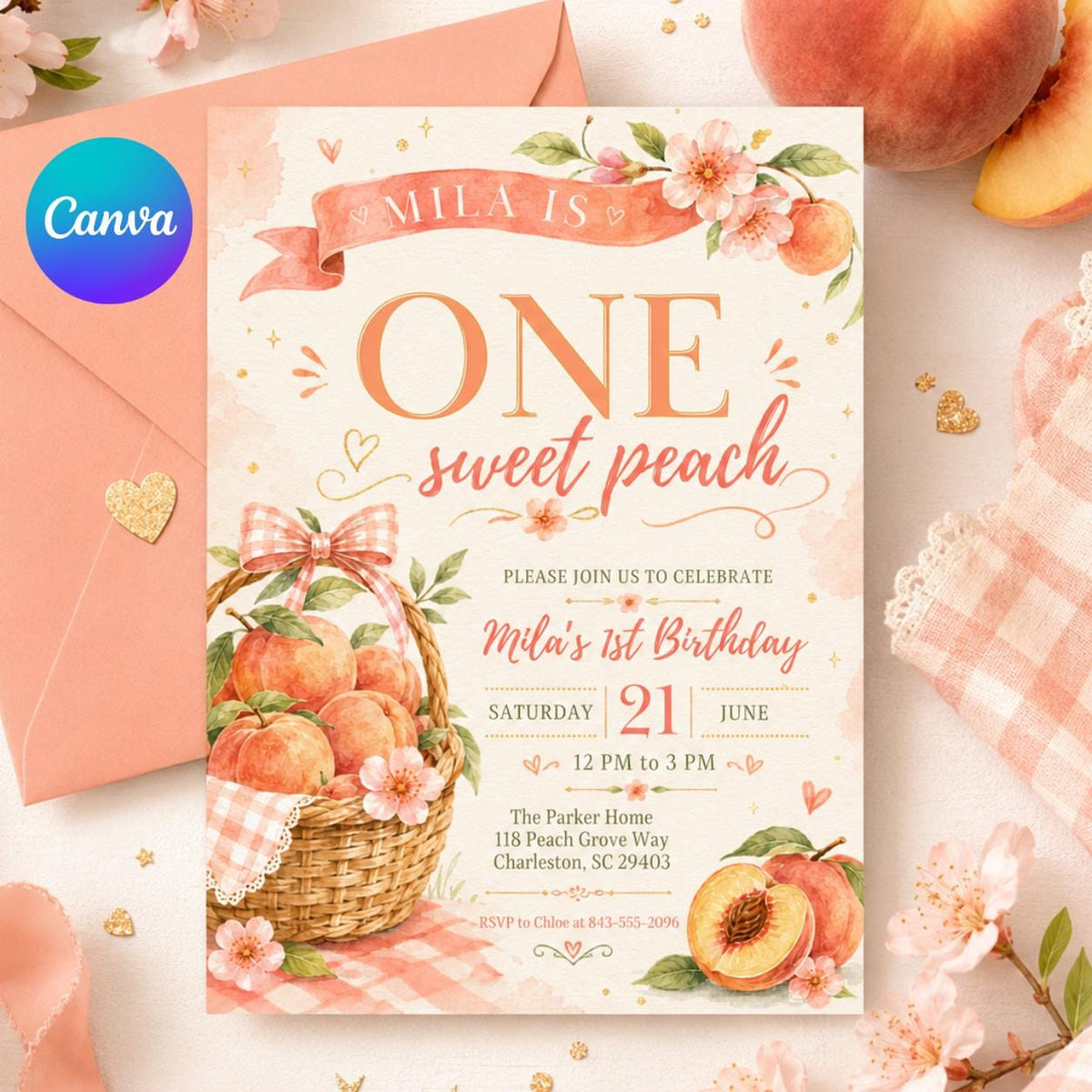 Sweet Peach 1st Birthday Invitation — editable Canva template