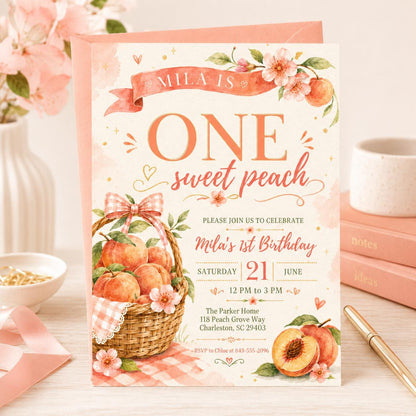Sweet Peach 1st Birthday Invitation — invitation you personalize in Canva