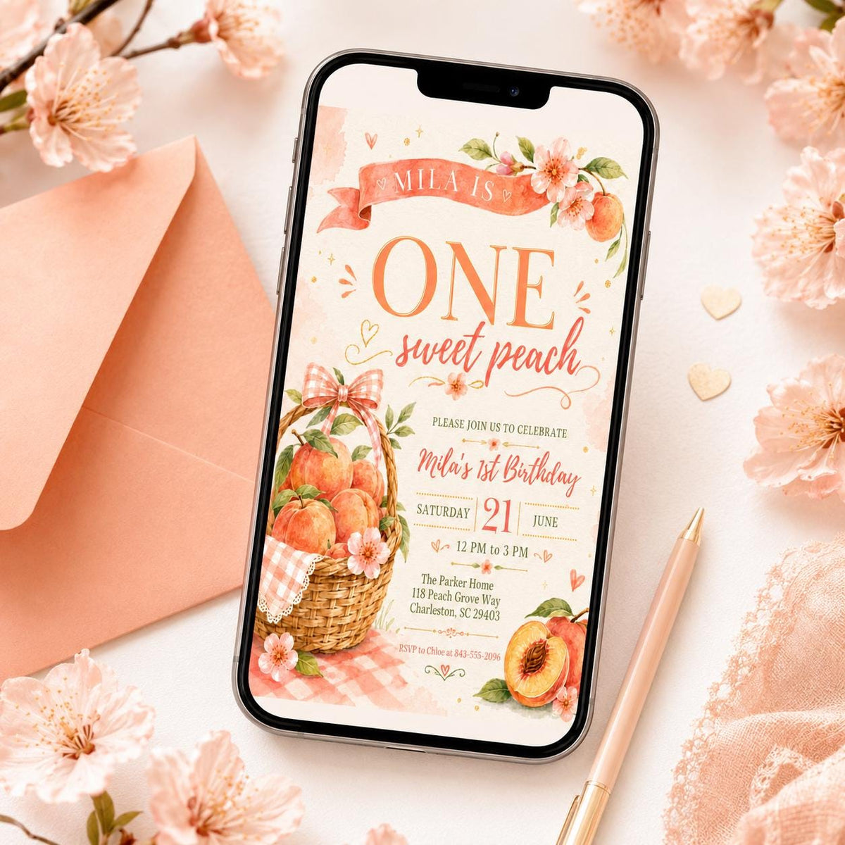 Sweet Peach 1st Birthday Invitation — print-ready first birthday design from VoltBy