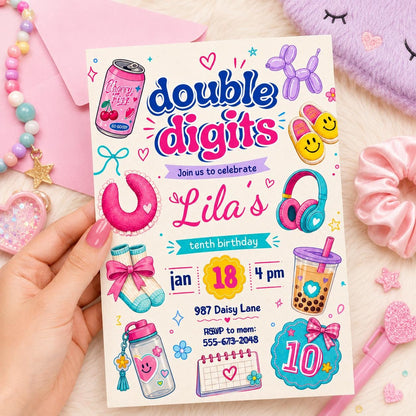 10th birthday party invitation, Hello Double Digits girl birthday invitation, Preppy invitation editable, ten birthday invitation, Groovy __etsy:7991738008