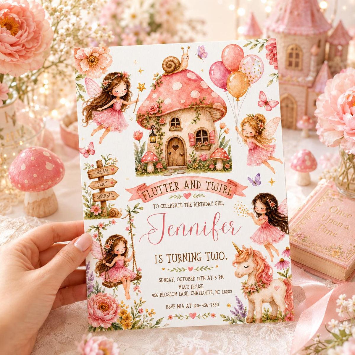 Pink Toadstool Cottage Fairy 2nd Birthday Invitation — print-ready 2nd birthday party design from VoltBy