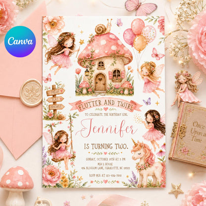 Pink Toadstool Cottage Fairy 2nd Birthday Invitation — editable Canva template