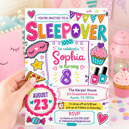 Editable Sleepover Party Invitation - Slumber Birthday Invite, Girls Sleepover Birthday Invitations, Pink Slumber Party, Canva template __etsy:7991880354