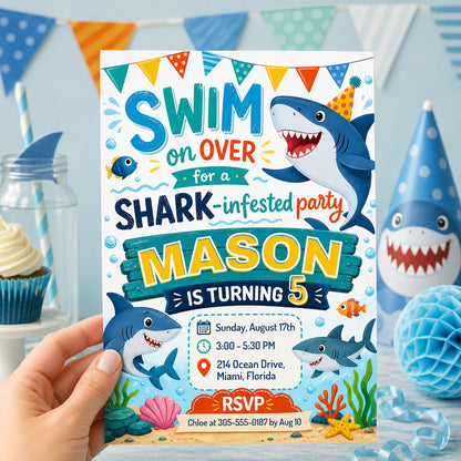 Shark Birthday Invitation, Shark Attack Birthday, Pool Party Birthday, Shark Birthday Invitation, Editable Canva Template __etsy:7991883172