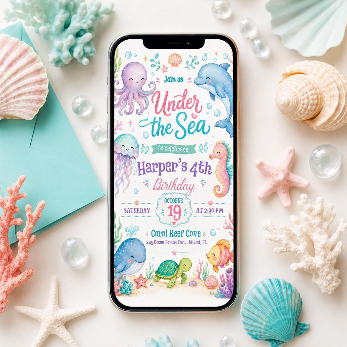 Pastel Under the Sea 4th Birthday Invitation — ocean design