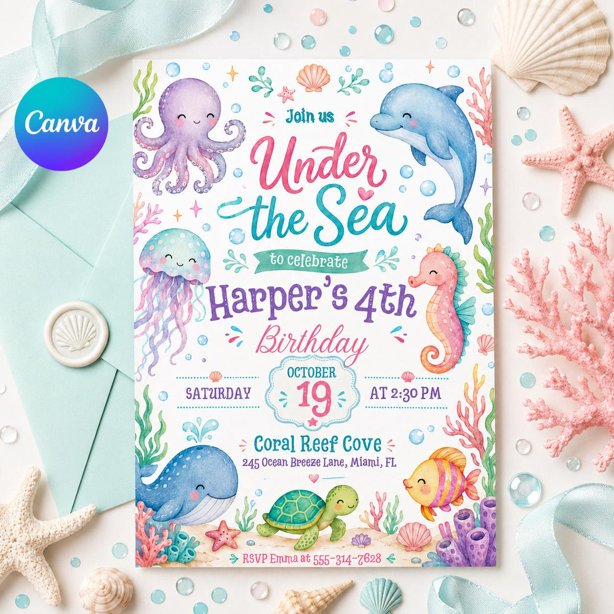 Pastel Under the Sea 4th Birthday Invitation — editable Canva template