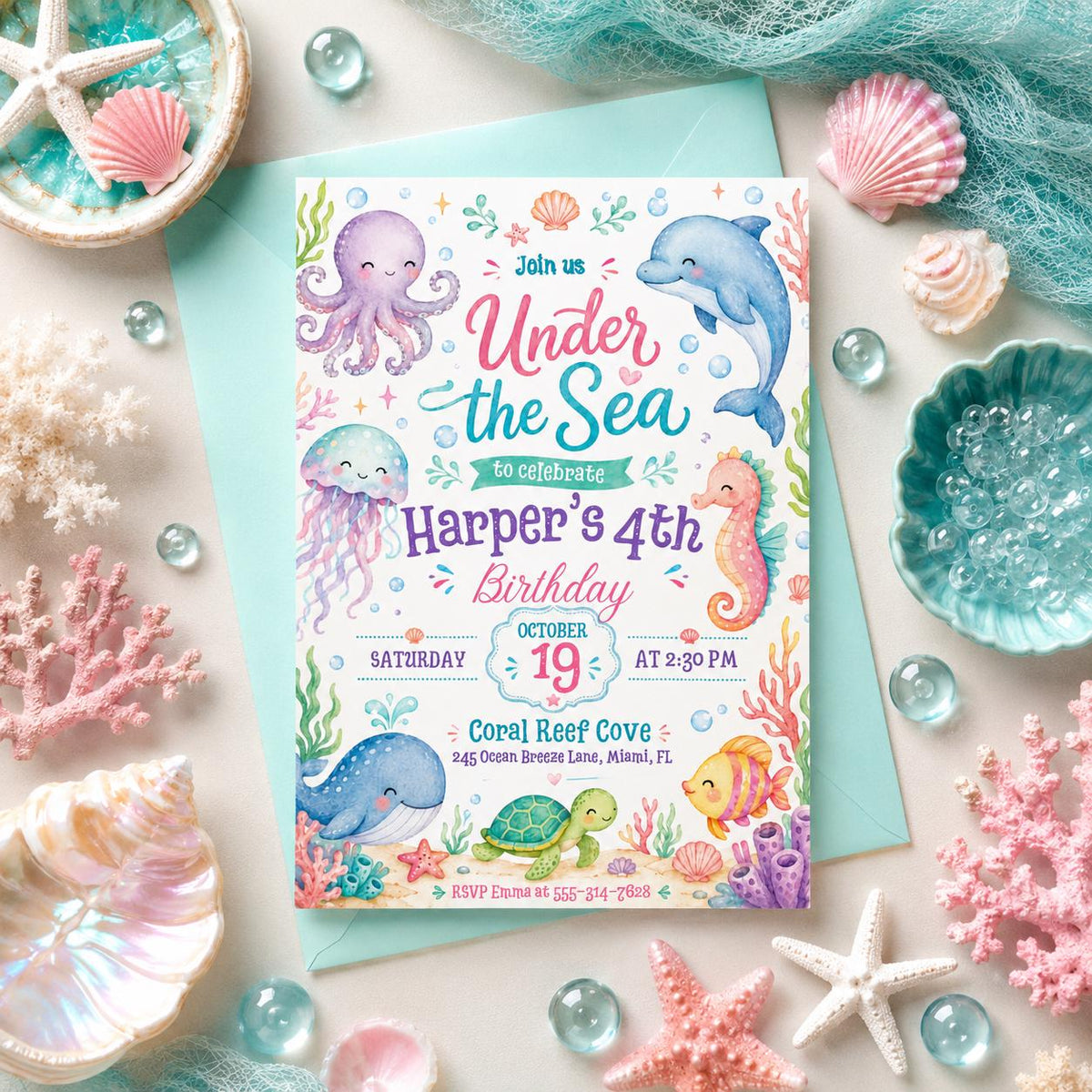 Pastel Under the Sea 4th Birthday Invitation — invitation you personalize in Canva