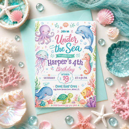 Pastel Under the Sea 4th Birthday Invitation — invitation you personalize in Canva