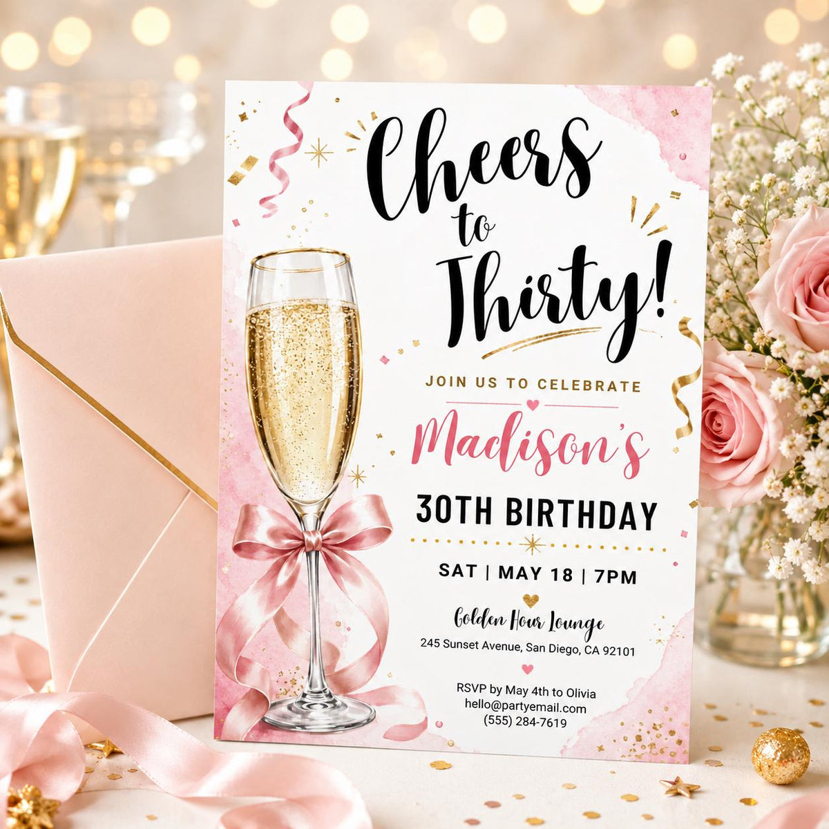 Cheers to Thirty Birthday Invitation with Pink Champagne Bow — invitation you personalize in Canva