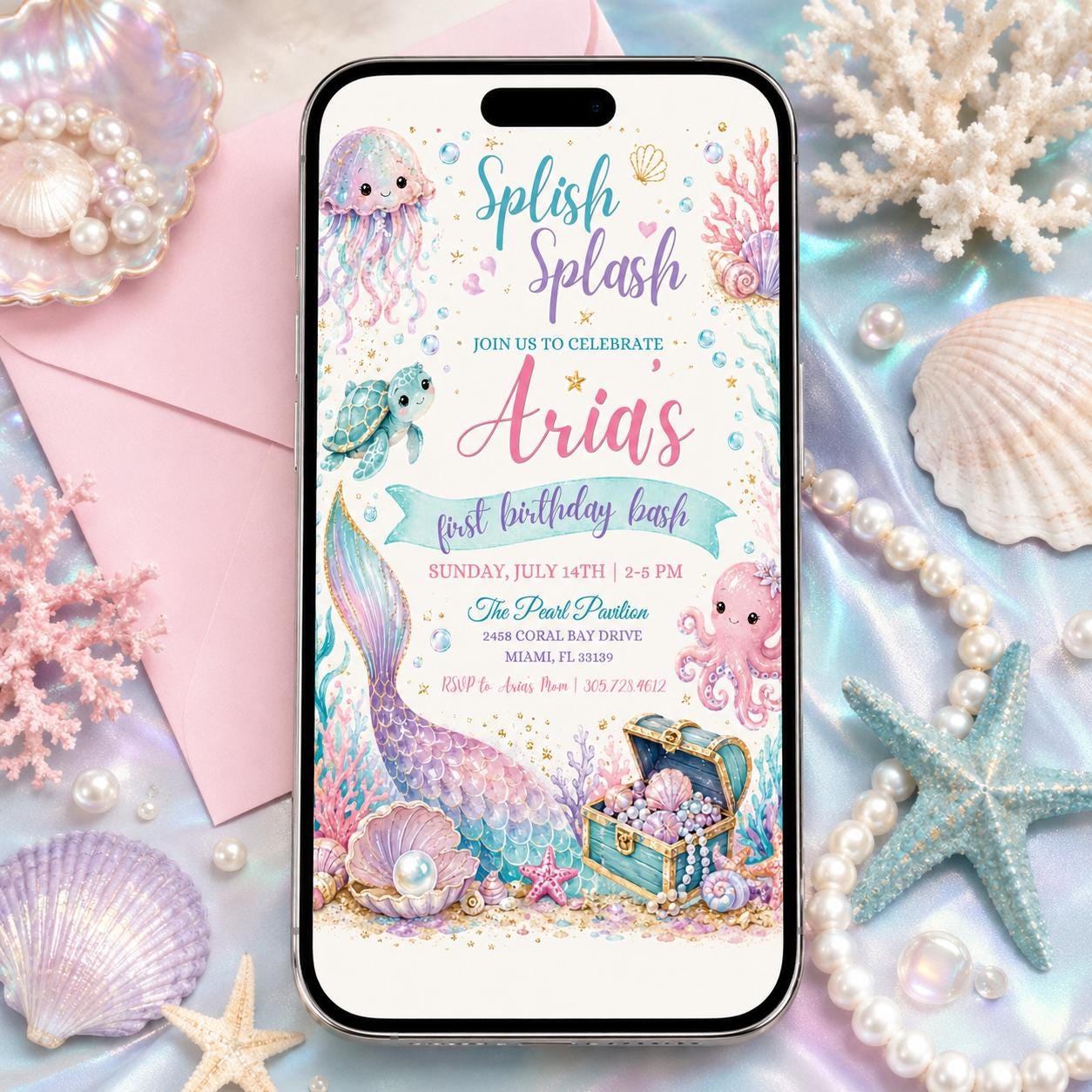 Mermaid First Birthday Invitation, Splish Splash Party,  Mermaid Birthday Invitation Under the Sea Birthday Invite Splish Splash Girl Pink __etsy:7995668112