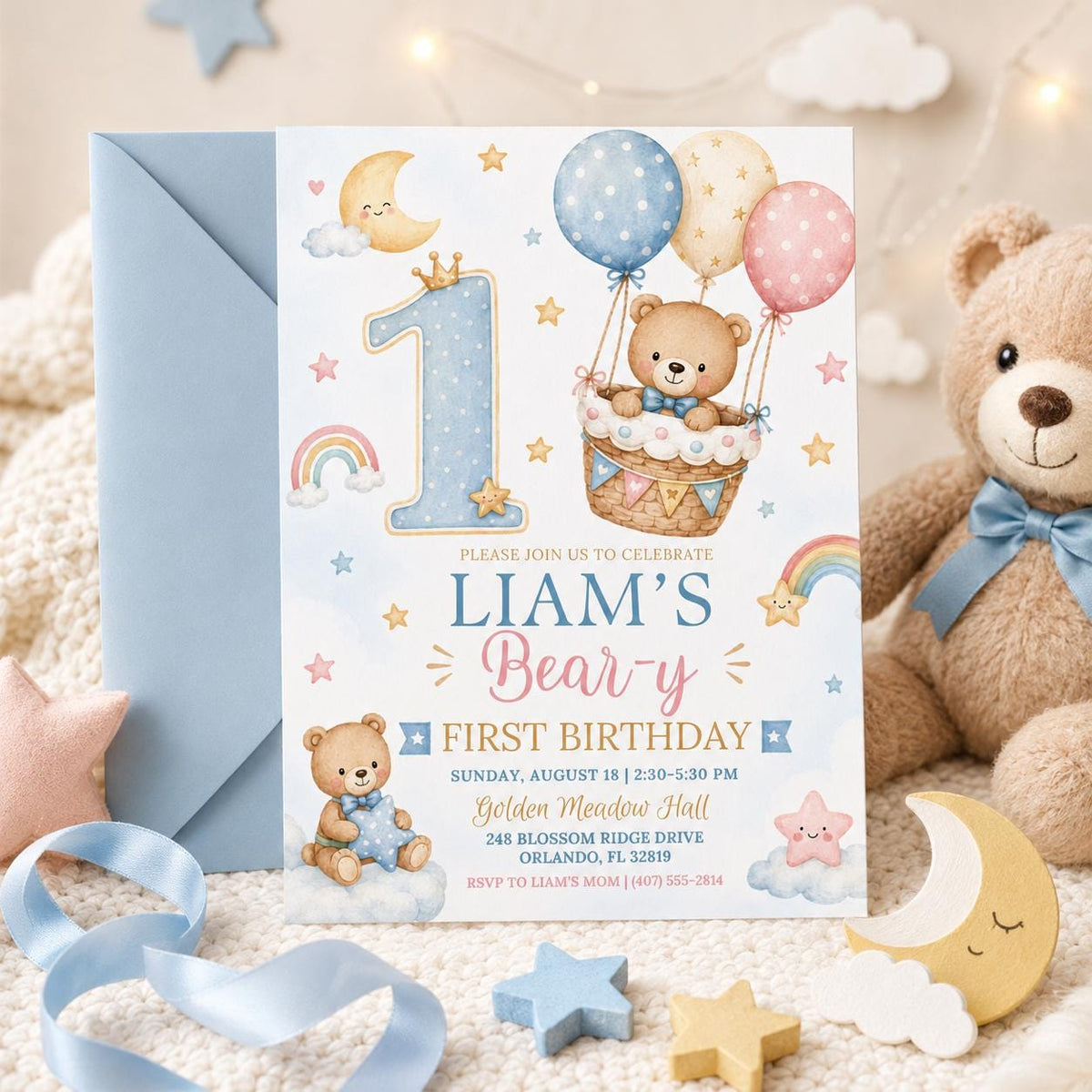 Teddy Bear First Birthday Invitation with Hot Air Balloon — invitation you personalize in Canva
