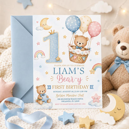 Teddy Bear First Birthday Invitation with Hot Air Balloon — invitation you personalize in Canva