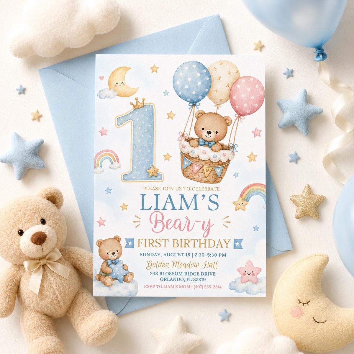 Teddy Bear First Birthday Invitation with Hot Air Balloon — pastel first birthday design
