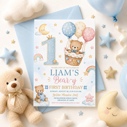 Teddy Bear First Birthday Invitation with Hot Air Balloon — pastel first birthday design