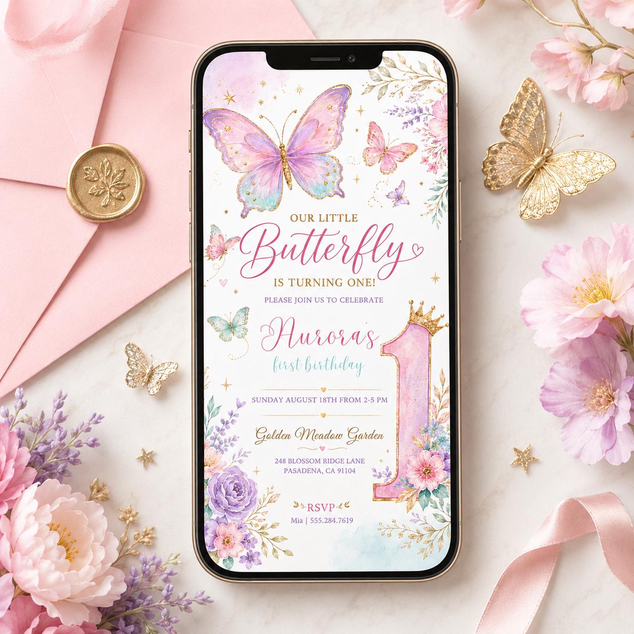 Butterfly First Birthday Invitation, Purple Floral Girl Party Template (Digital Download) __etsy:7995716244