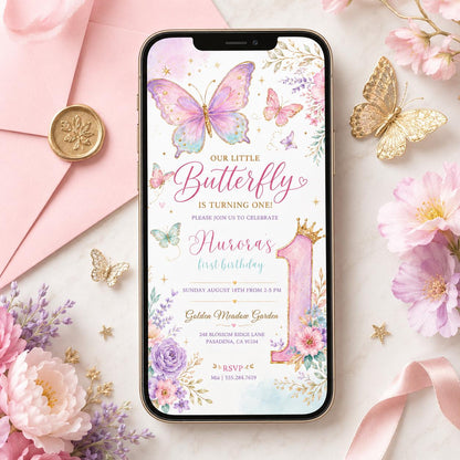 Butterfly First Birthday Invitation, Purple Floral Girl Party Template (Digital Download) __etsy:7995716244