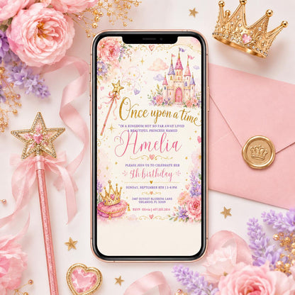 Once Upon a Time Princess Castle 5th Birthday Invitation — invitation you personalize in Canva