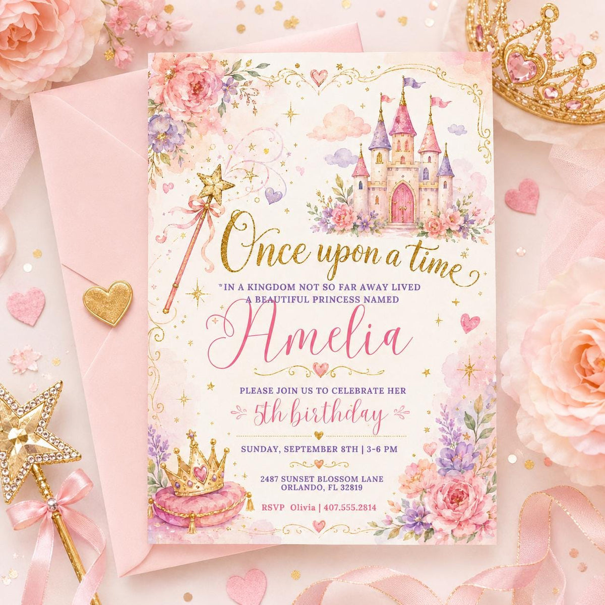 Once Upon a Time Princess Castle 5th Birthday Invitation — floral 5th birthday party design
