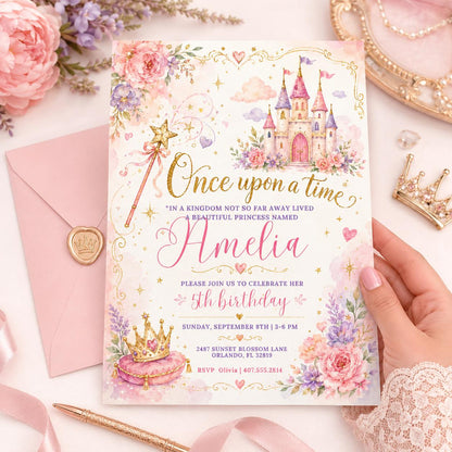 Once Upon a Time Princess Castle 5th Birthday Invitation — floral design