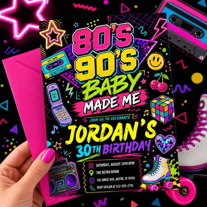 80S Baby 90s Made Me Birthday Party, back to the 90s Neon party glow dance disco 2000s birthday 90s, 30th Birthday Invitation Template __etsy:7997216356