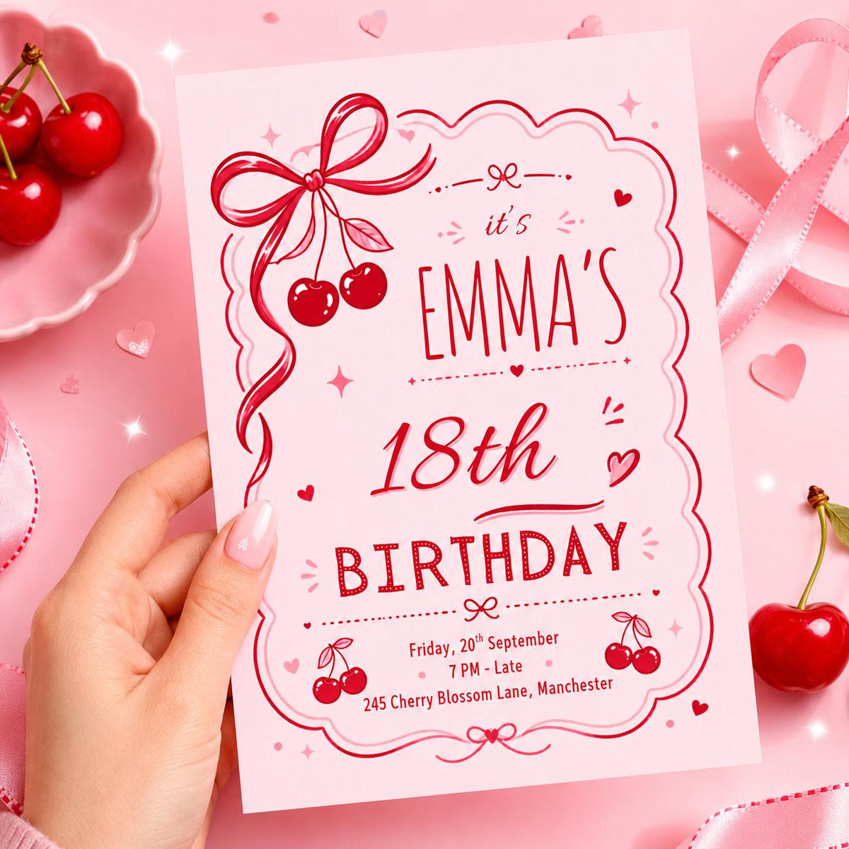 Cherry Bow 18th Birthday Invitation in Red and Pink — print-ready 18th birthday party design from VoltBy