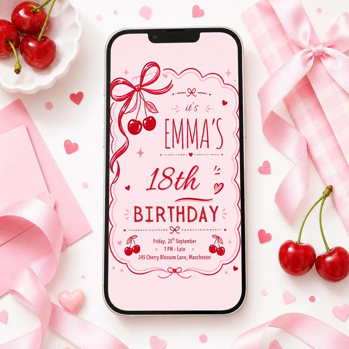 Cherry Bow 18th Birthday Invitation in Red and Pink — digital invitation, instant download