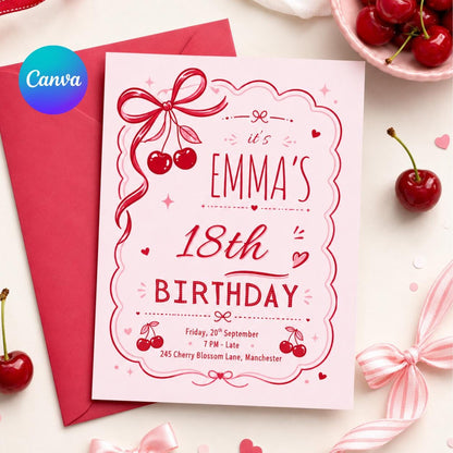 Cherry Bow 18th Birthday Invitation in Red and Pink — editable Canva template