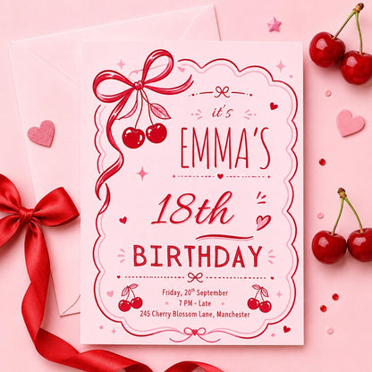 Cherry Bow 18th Birthday Invitation in Red and Pink — 18th birthday party stationery by VoltBy