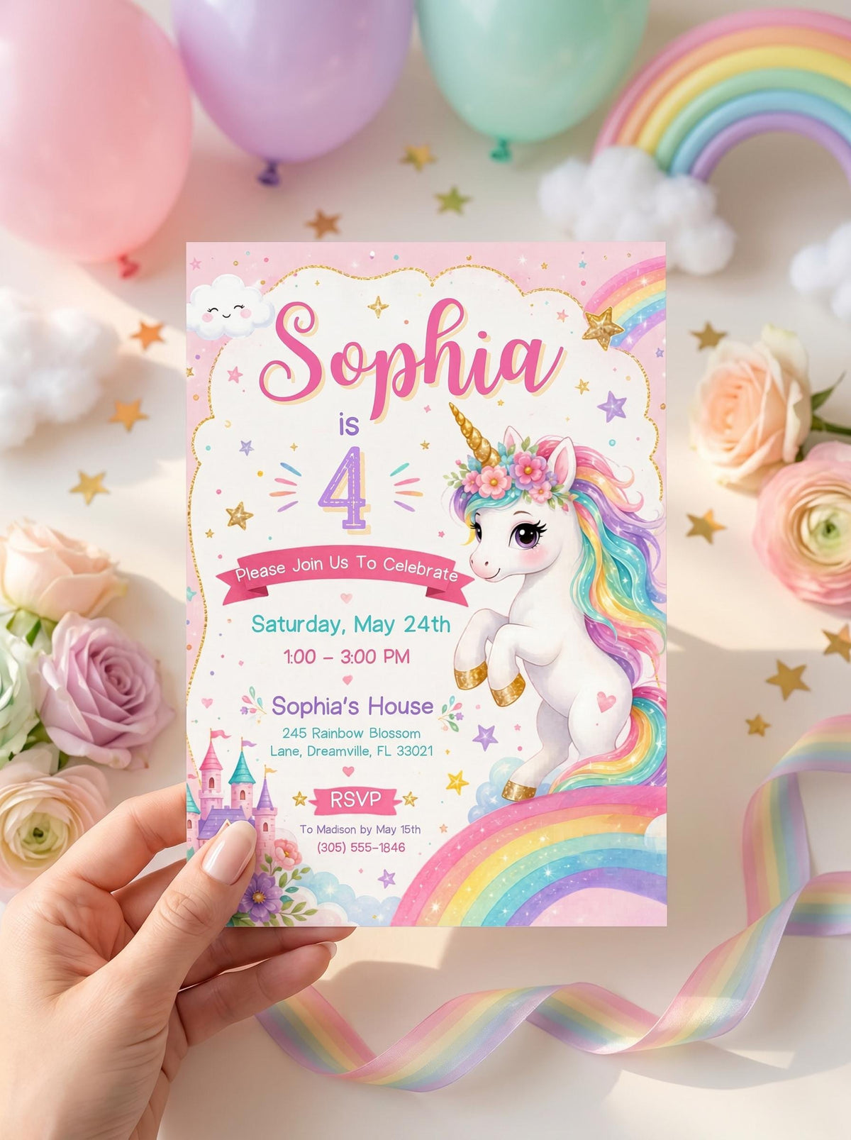 Pastel Unicorn 4th Birthday Invitation with Floral Crown — 4th birthday party stationery by VoltBy