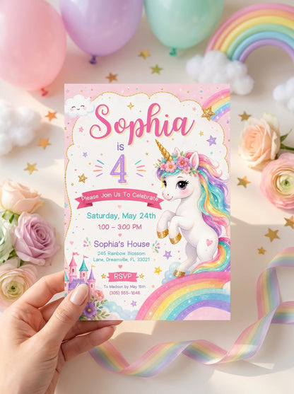 Pastel Unicorn 4th Birthday Invitation with Floral Crown — 4th birthday party stationery by VoltBy