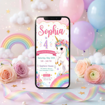 Pastel Unicorn 4th Birthday Invitation with Floral Crown — digital invitation, instant download