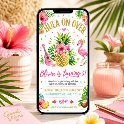 Aloha party invitation, Luau birthday, printable editable girl invite template, Tropical Hawaii party, Editable Canva template __etsy:7998850326