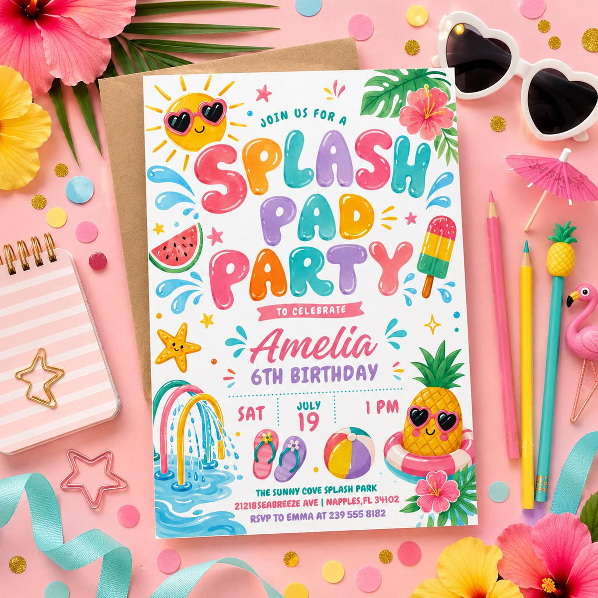 Splash Pad 6th Birthday Invitation with Rainbow Sprinkler in pink and teal