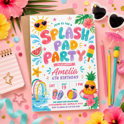 Splash Pad 6th Birthday Invitation with Rainbow Sprinkler in pink and teal