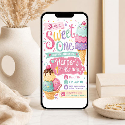 She's a Sweet One Ice Cream Birthday Invitation — pastel first birthday design