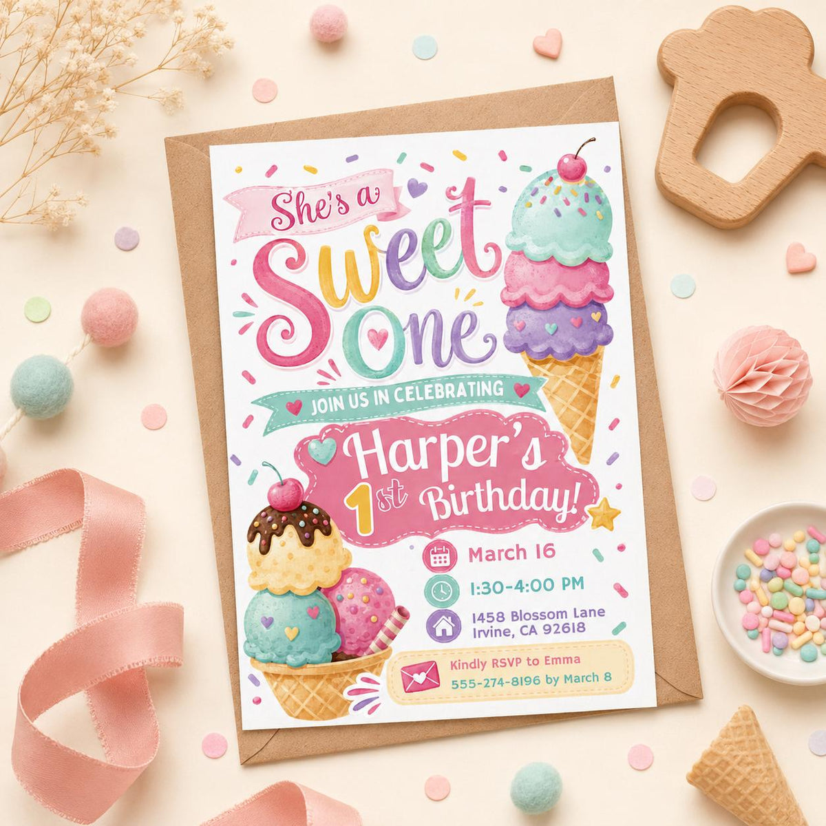 She's a Sweet One Ice Cream Birthday Invitation in pink and purple