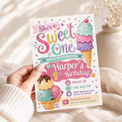 Ice Cream 1st Birthday Invitation, Sweet One First Birthday Invitation, Sweet Party Invitation, Ice Cream Birthday Invite, Canva Template __etsy:7999196552