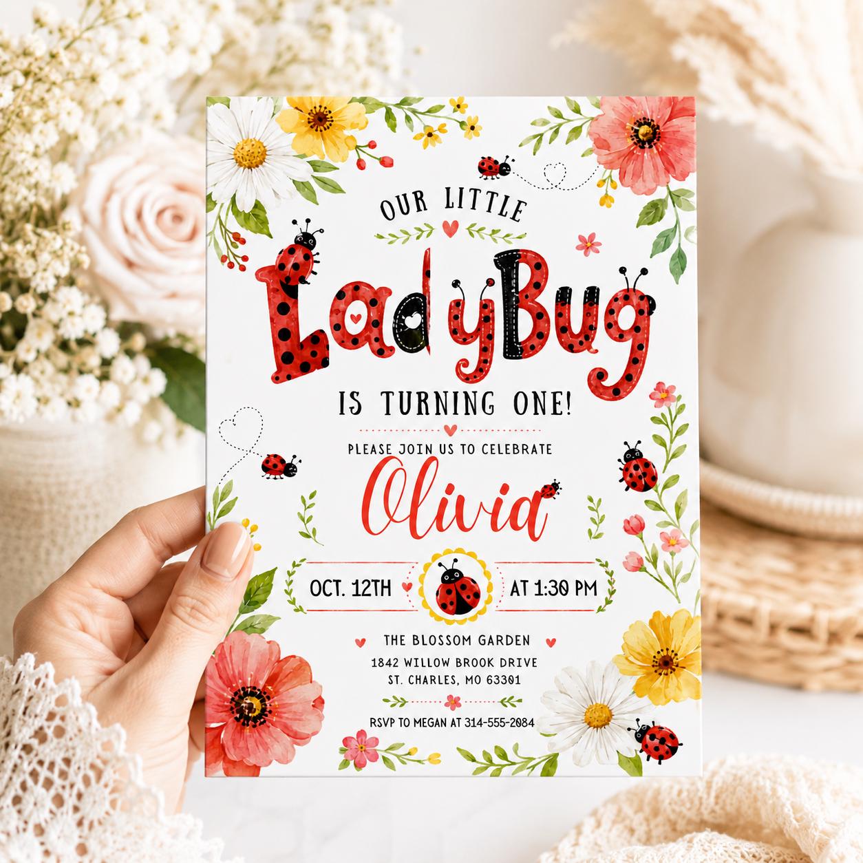 Our Little Ladybug Birthday Invitation, Editable Ladybug Kids Invite, Garden Birthday Invite Template, __etsy:7999231694