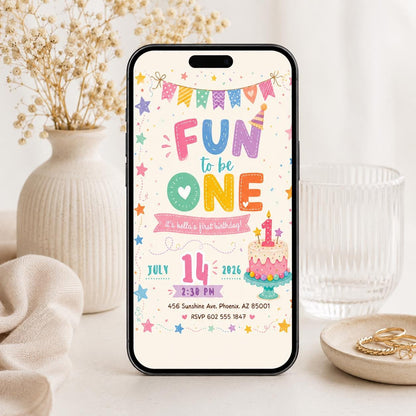 Fun to Be One First Birthday Invitation with Cake and Confetti — print-ready first birthday design from VoltBy