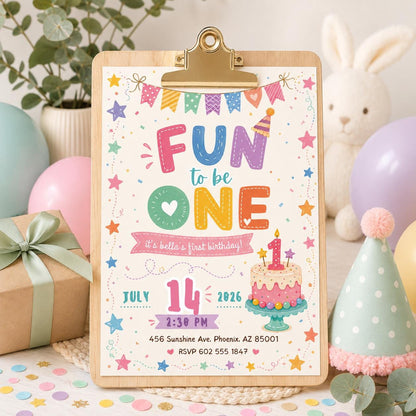 Fun to Be One First Birthday Invitation with Cake and Confetti — digital invitation, instant download
