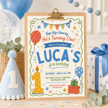 Hip Hip Hooray Kids Birthday Invitation, Rainbow Party Invite, Colorful Birthday Printable, First Birthday Invitation, Canva Template __etsy:7999321144