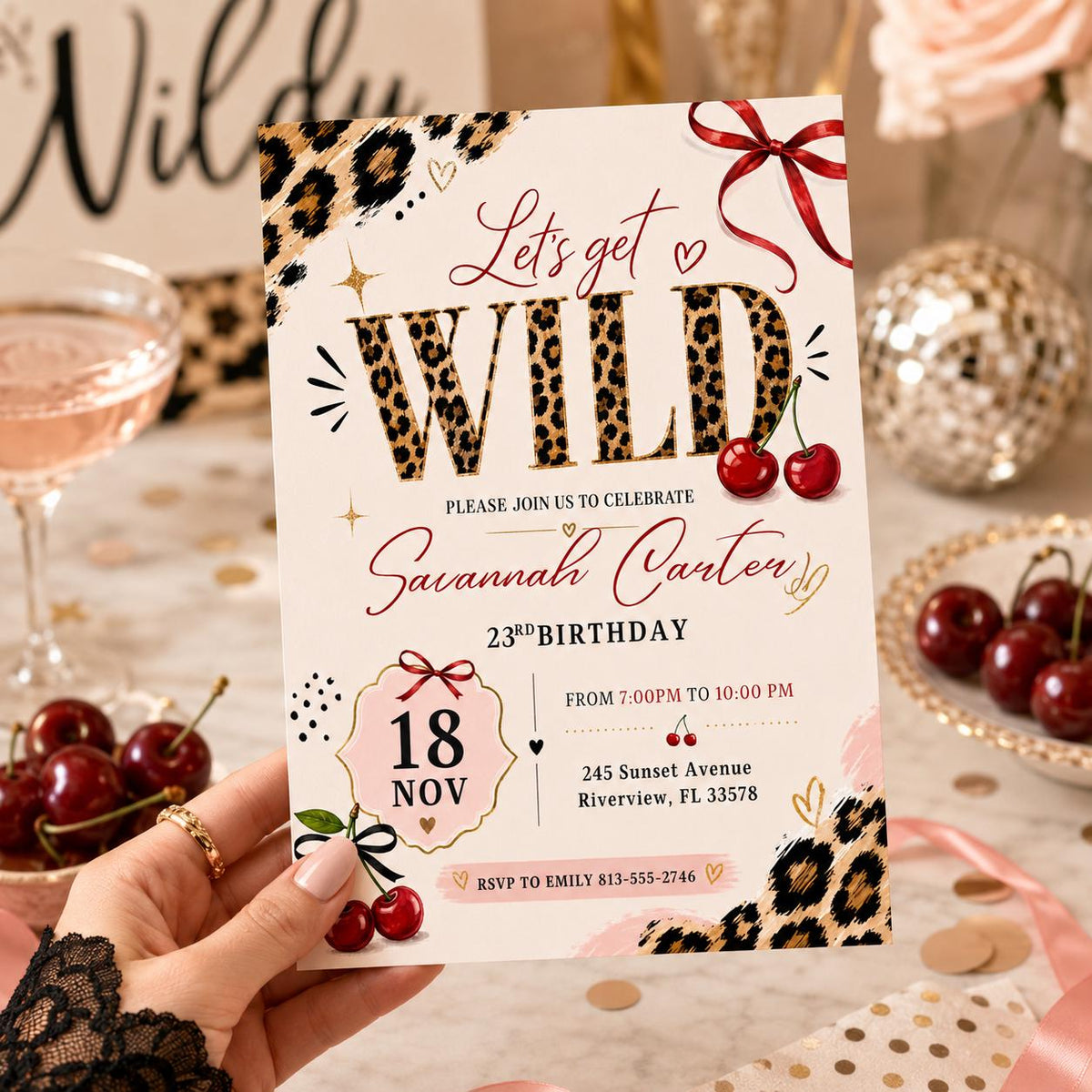 Cherry Leopard Let's Get Wild 23rd Birthday Invitation — print-ready 23rd birthday party design from VoltBy