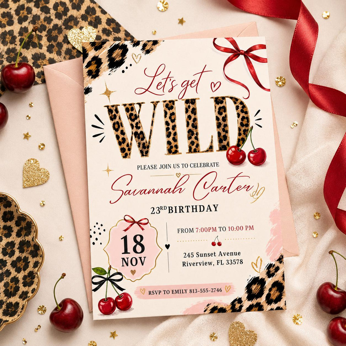 Cherry Leopard Let's Get Wild 23rd Birthday Invitation in brown and cream