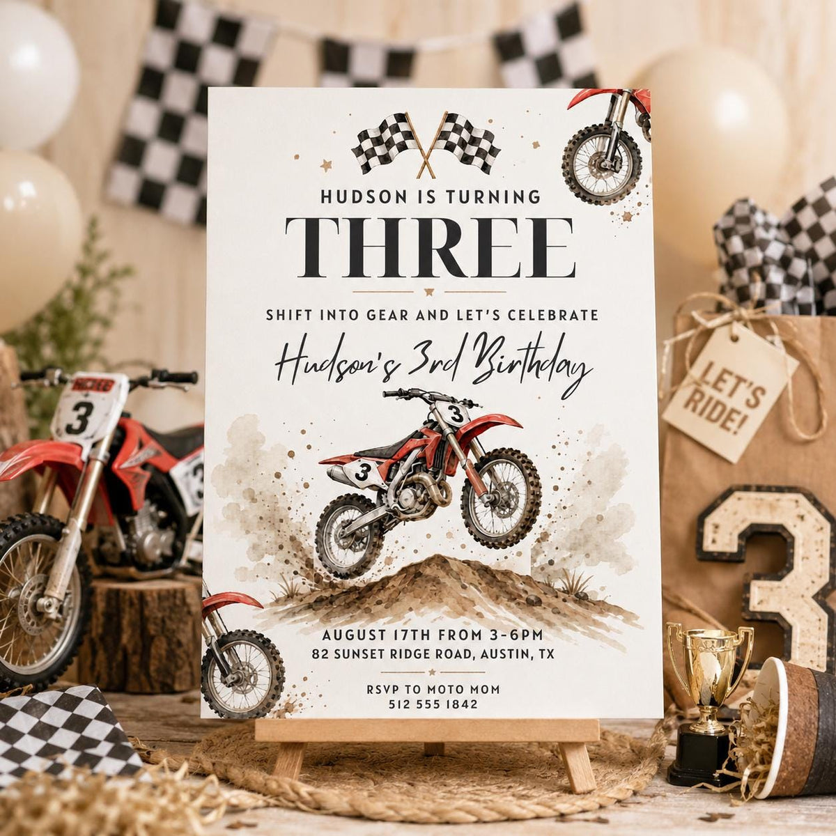 Dirt Bike 3rd Birthday Invitation with Checkered Flags — invitation you personalize in Canva