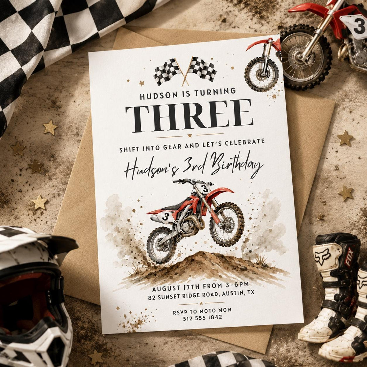 Dirt Bike 3rd Birthday Invitation with Checkered Flags in black and cream