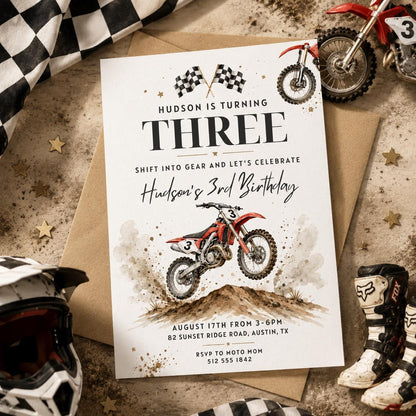 Dirt Bike 3rd Birthday Invitation with Checkered Flags in black and cream