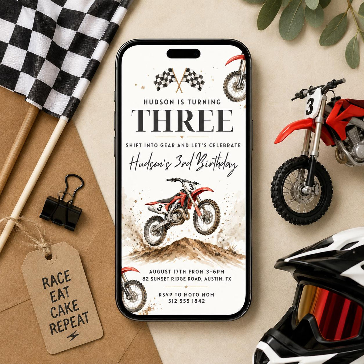 Dirt Bike 3rd Birthday Invitation with Checkered Flags — print-ready 3rd birthday party design from VoltBy