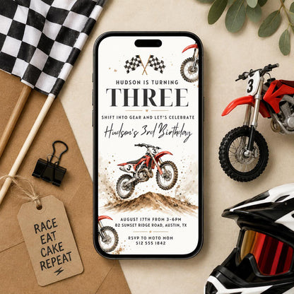 Dirt Bike 3rd Birthday Invitation with Checkered Flags — print-ready 3rd birthday party design from VoltBy