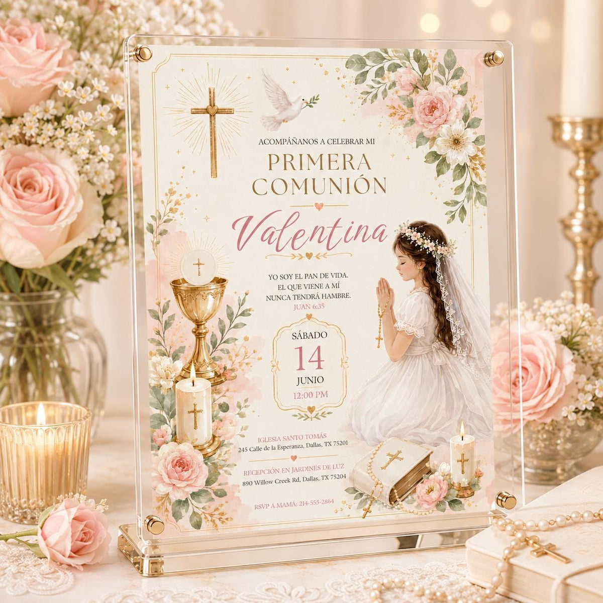 Primera Comunión Invitation with Pink Flowers and Praying Girl — invitation you personalize in Canva
